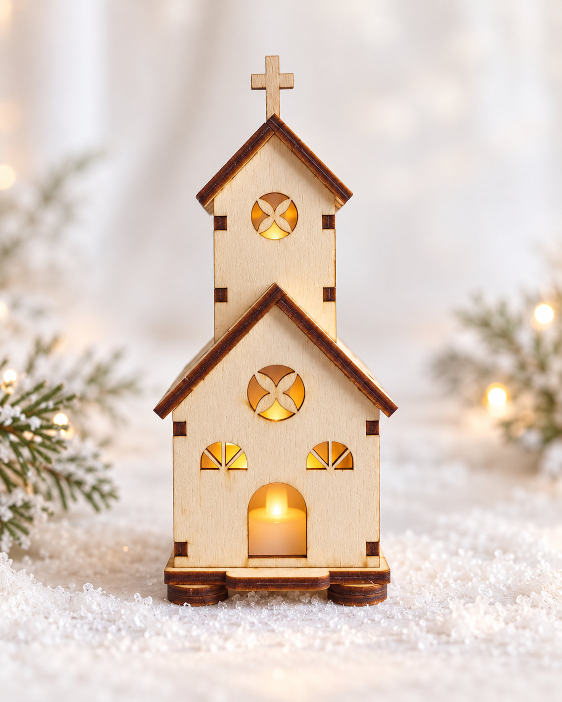 Église de Noël en bois avec bougie LED