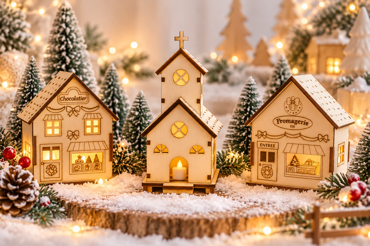 Église de Noël en bois avec bougie LED