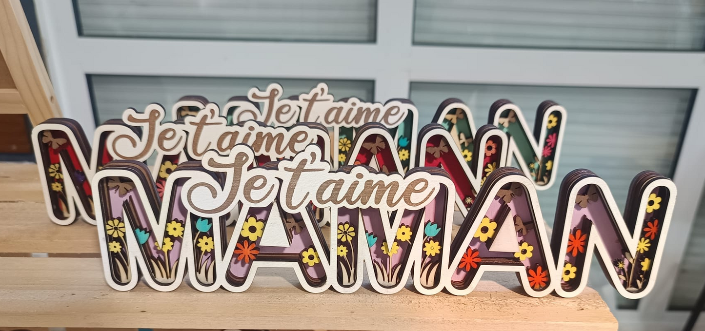 Décoration en bois “Je t’aime MAMAN” – Cadeau personnalisé Fête des Mères