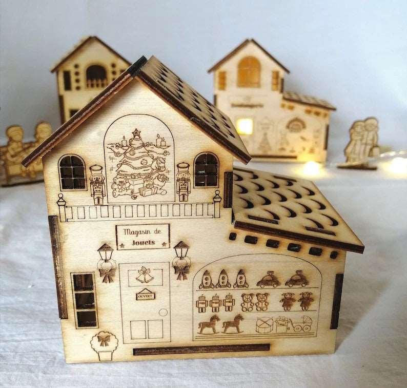 Grande Maison en bois style «Boutiques » village de noël avec LED - Atelier Eli'magine