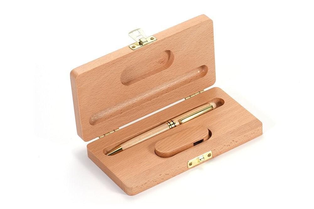Coffret USB + stylo à bille en hêtre de 16 GO ou 32 GO à personnaliser en bois - Atelier Eli'magine