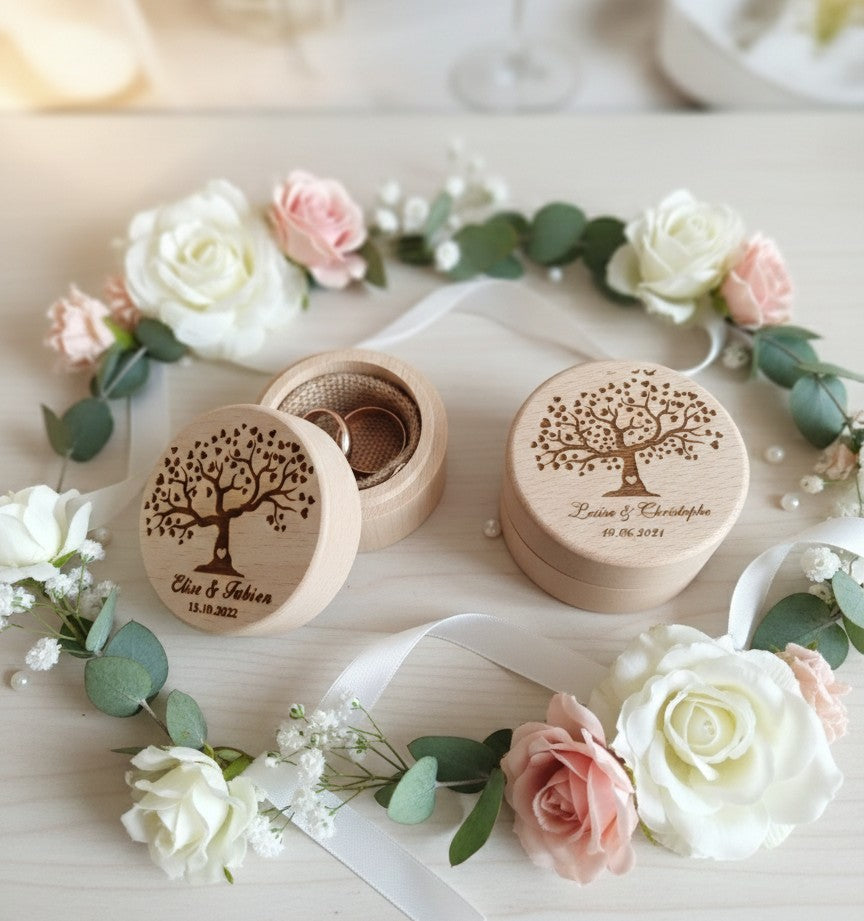 Boîte alliance ronde en bois de hêtre brut - Modèle aux choix
