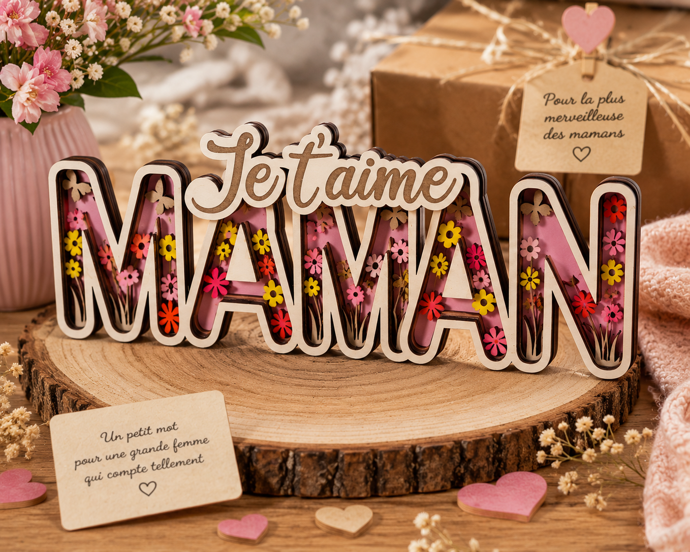 Décoration en bois “Je t’aime MAMAN” – Cadeau personnalisé Fête des Mères
