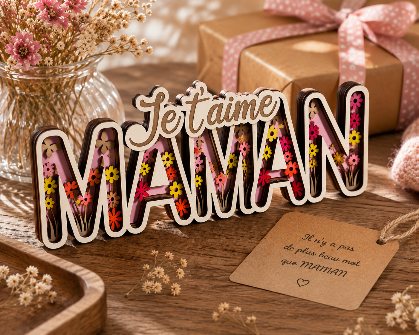 Décoration en bois “Je t’aime MAMAN” – Cadeau personnalisé Fête des Mères