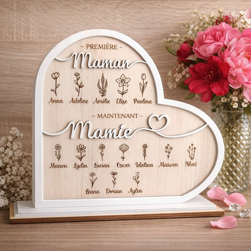 Cadeau Mamie Personnalisé en Bois – Cœur Famille Prénoms