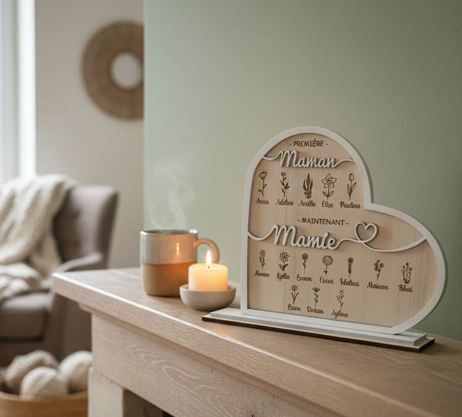 Cadeau Mamie Personnalisé en Bois – Cœur Famille Prénoms