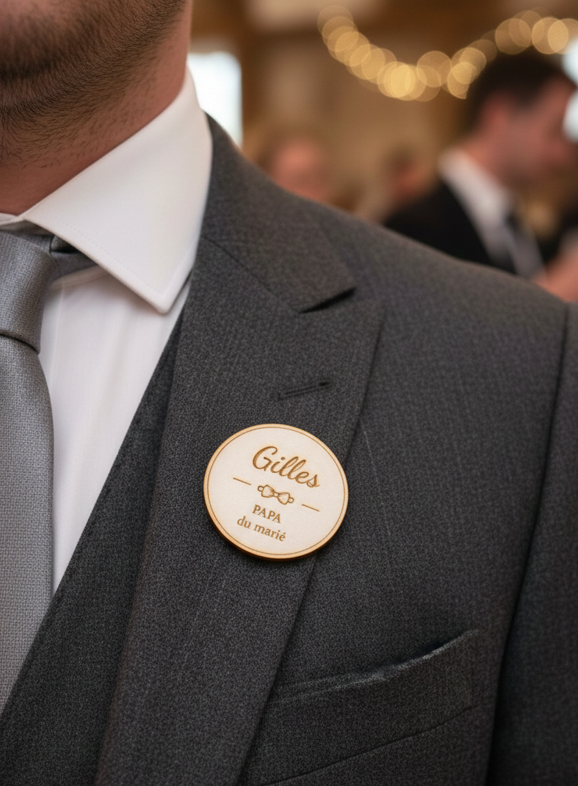 Badge mariage en bois personnalisé