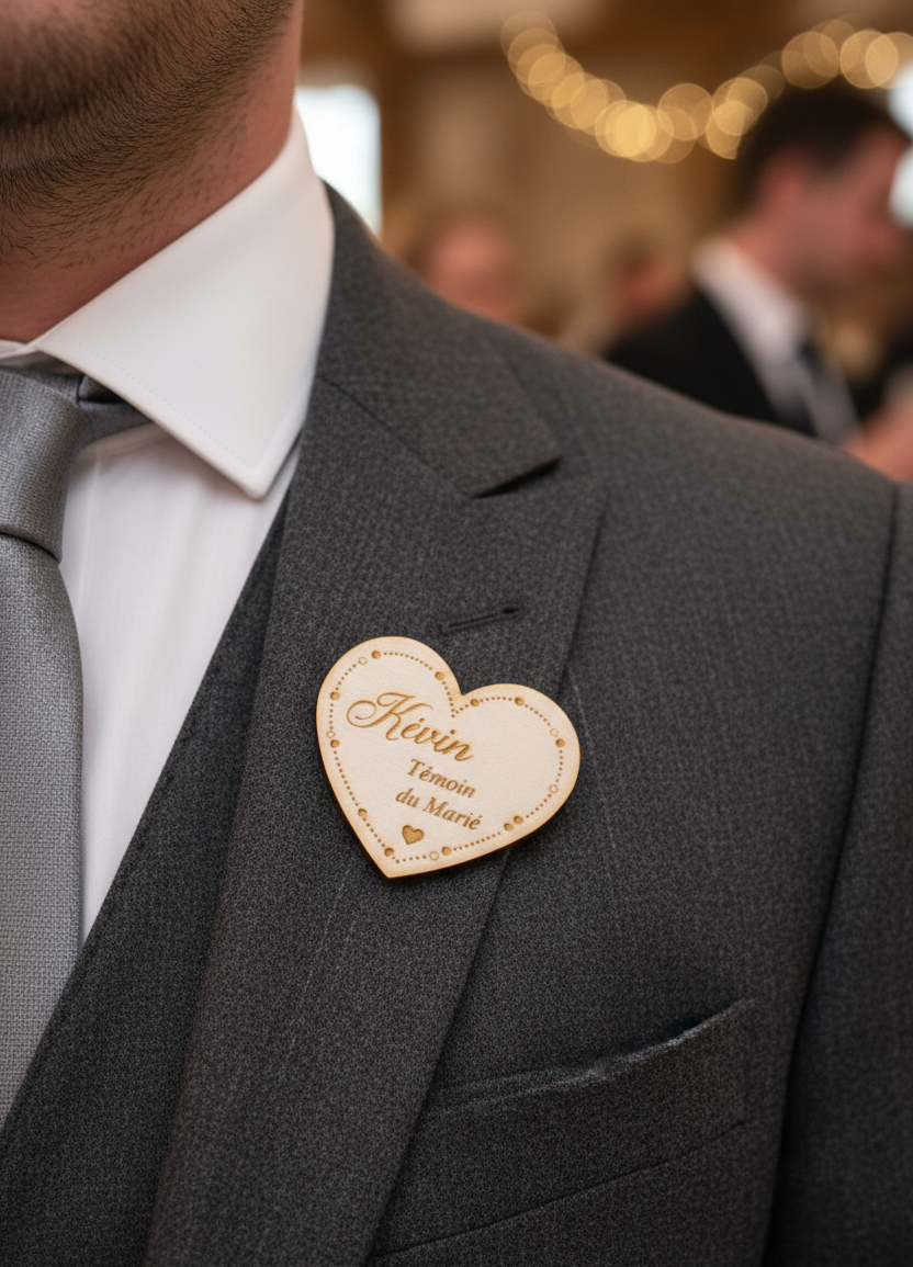 Badge mariage en bois personnalisé