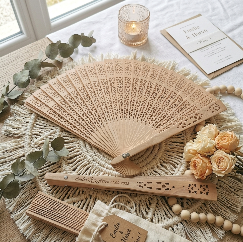 Eventail en bois personnalisé avec sac organza - cadeau mariage