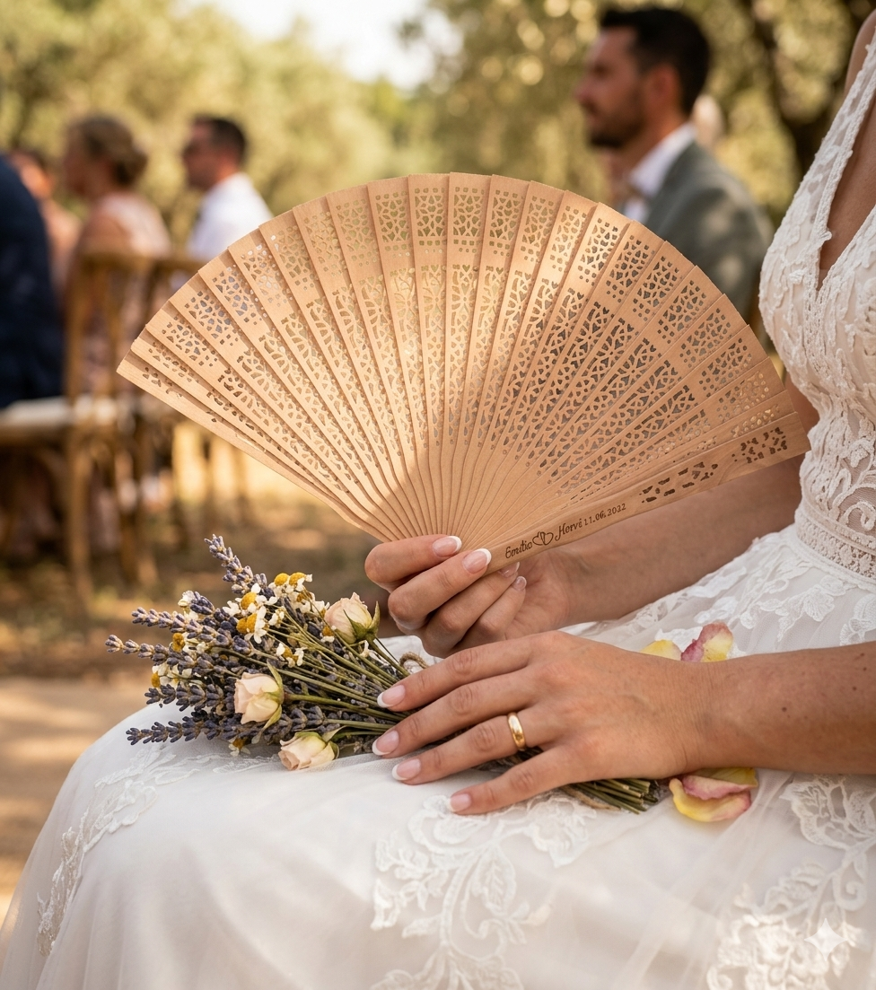 Eventail en bois personnalisé avec sac organza - cadeau mariage