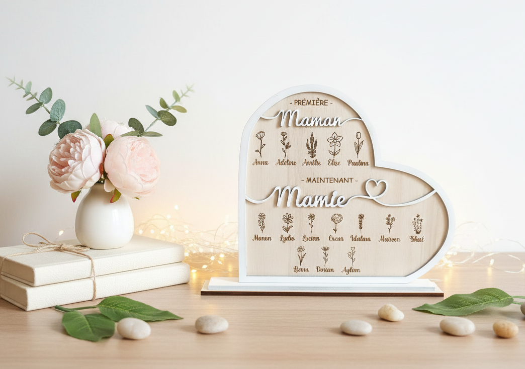 Cadeau Mamie Personnalisé en Bois – Cœur Famille Prénoms