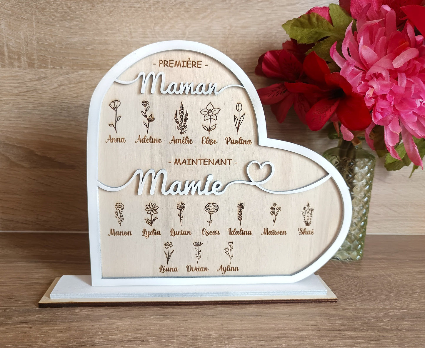 Cadeau Mamie Personnalisé en Bois – Cœur Famille Prénoms