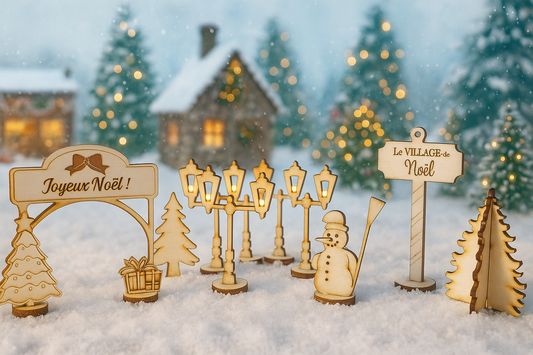 Accessoires en bois pour village de noël