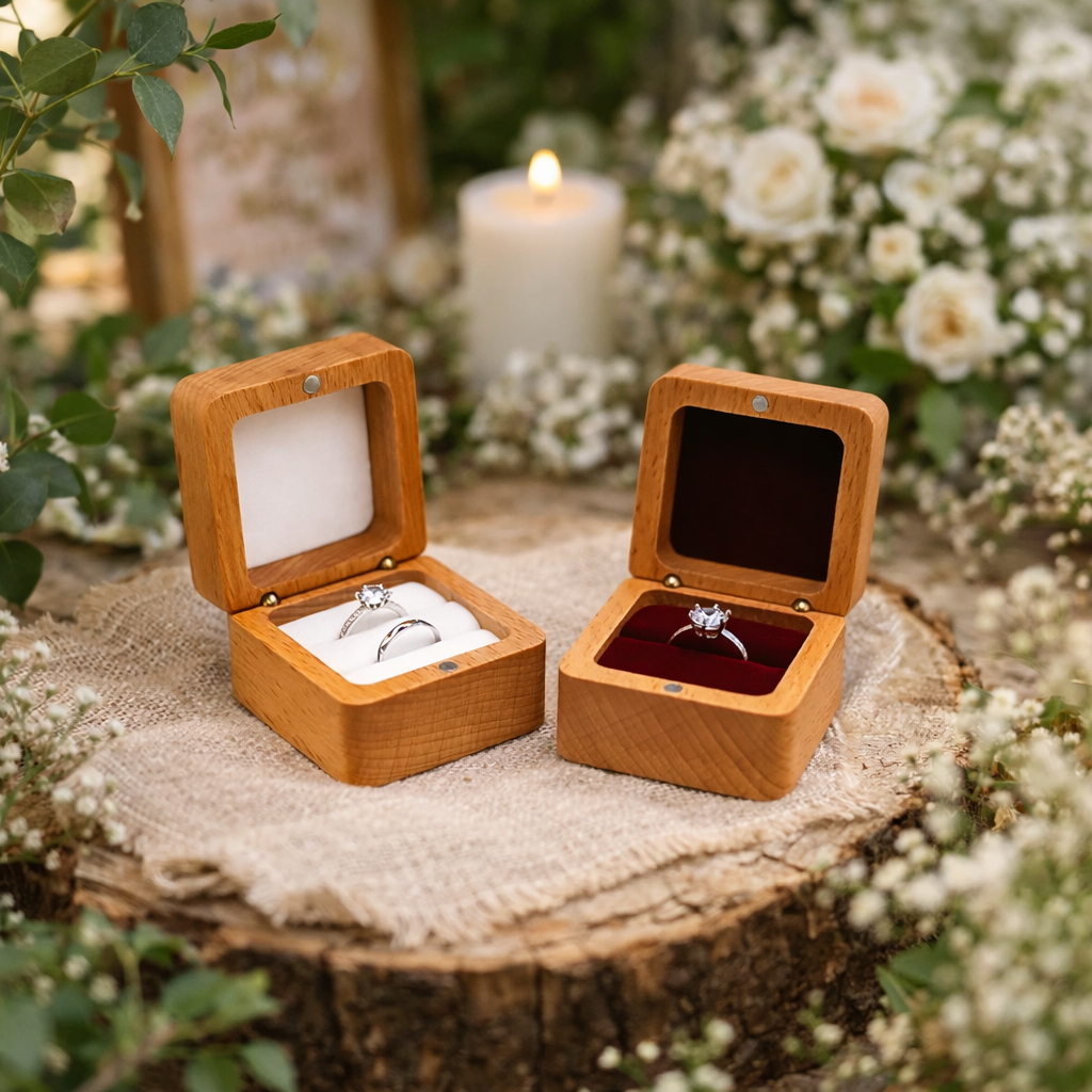 Boîte alliance personnalisé en bois de Frêne carré, intérieur velour