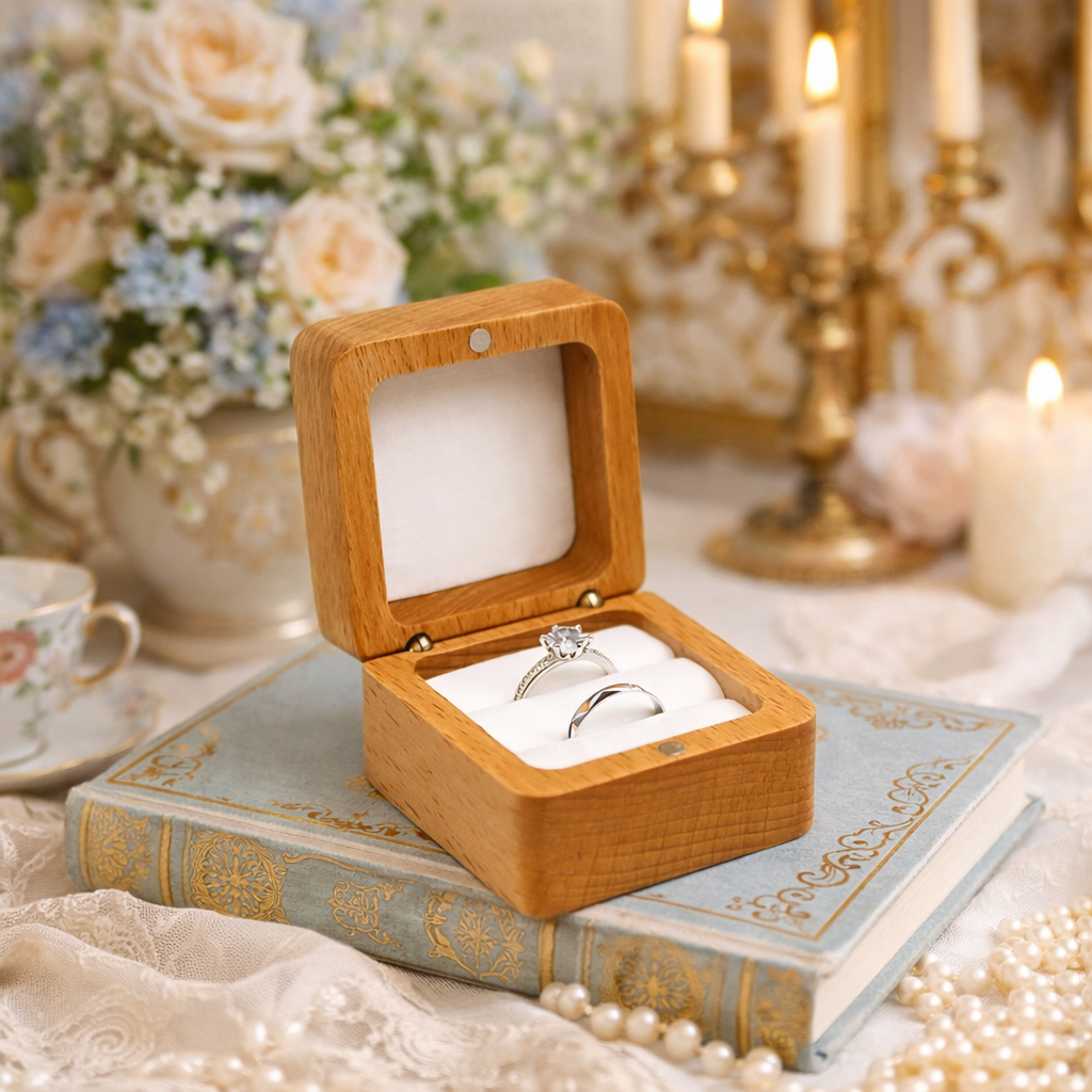 Boîte alliance personnalisé en bois de Frêne carré, intérieur velour