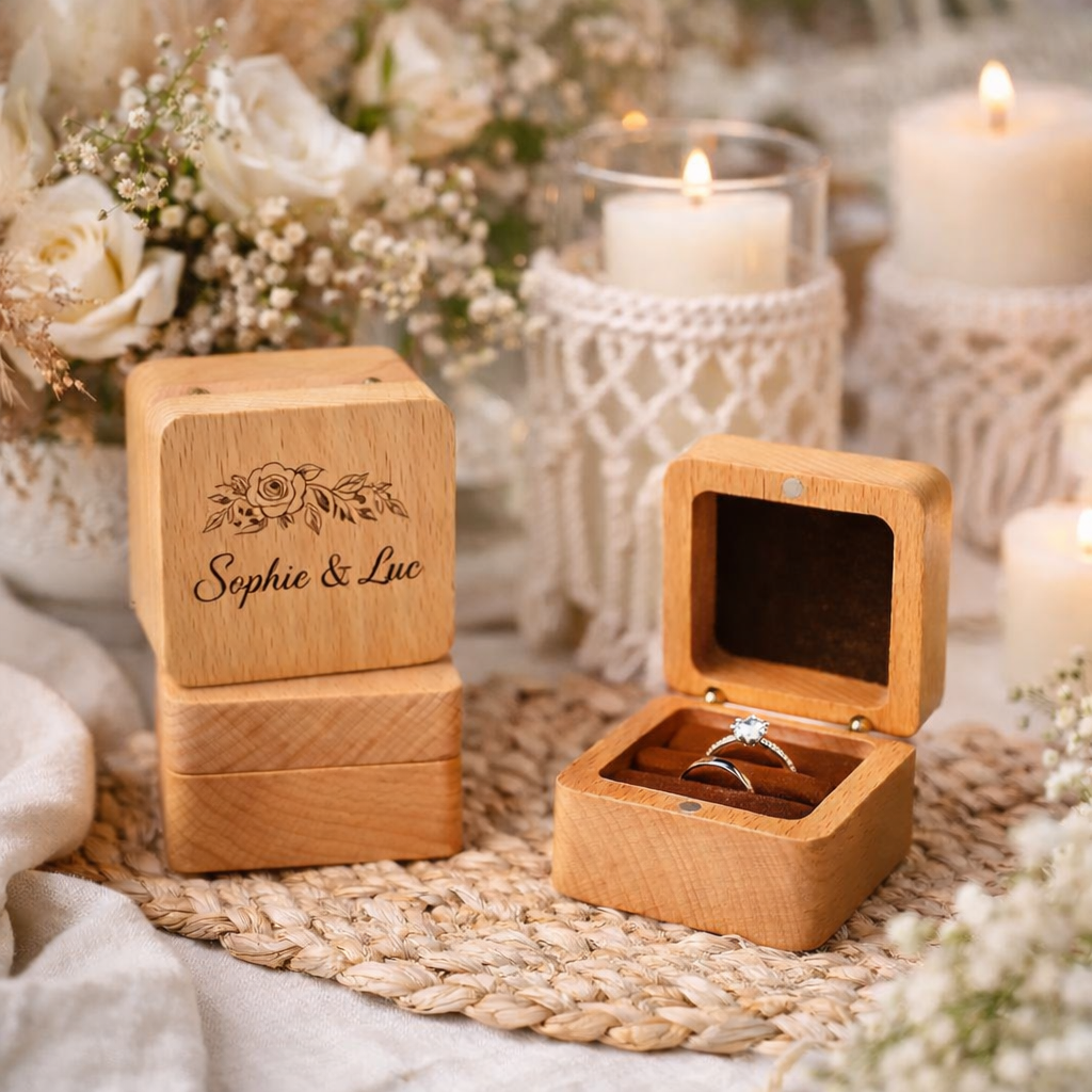 Boîte alliance personnalisé en bois de Frêne carré, intérieur velour