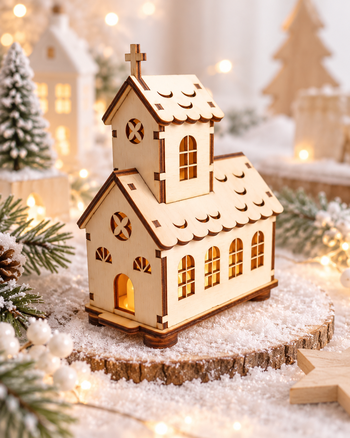 Église de Noël en bois avec bougie LED