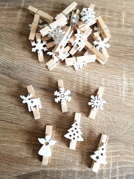 Pince à linge Motifs Noël en bois 6 pcs - motifs Noel blanc 4,5 x 3 cm 6 pièces